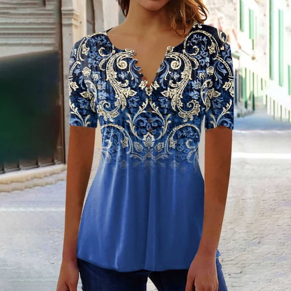 Jacenvly new plus size womens clothes Casual Women Print Round Neck Loose Short Sleeve Top Blouse Pullover breathable Floral Ruffle Trim Flouncev neck t shirts t-shirts womens summer Navy