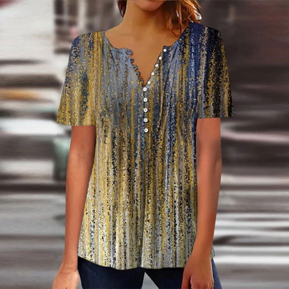 Jacenvly new summer tops for women Fashion Women Casual Print Loose Short Sleeve Top Blouse Pullover Skin-friendly Floral Ruffle Trim Flouncev neck t shirts womens plus size t-shirts Gold