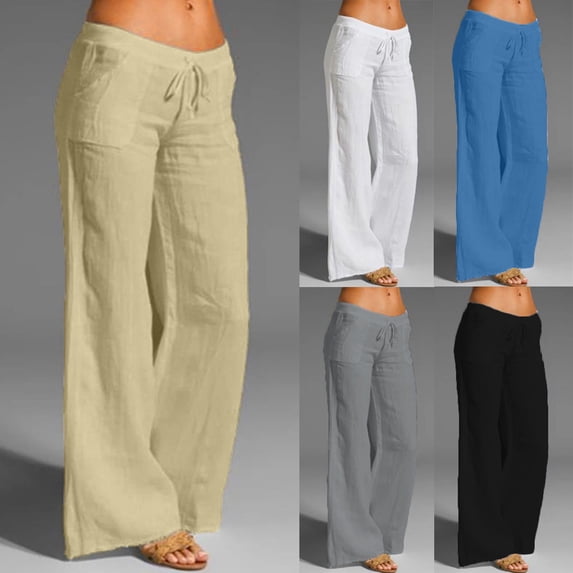 Jacenvly wide leg pants for women Extra Long Mid Waisted Pocket Plain Trousers for Women Casual Cotton Linen Elastic Waist Wide Leg Pants