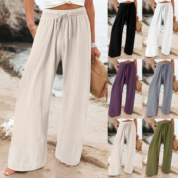 Jacenvly wide leg pants for women Extra Long High Waisted Drawstring Pocket Plain Trousers for Women Casual Pants Elastic Waist Pants with Pocket