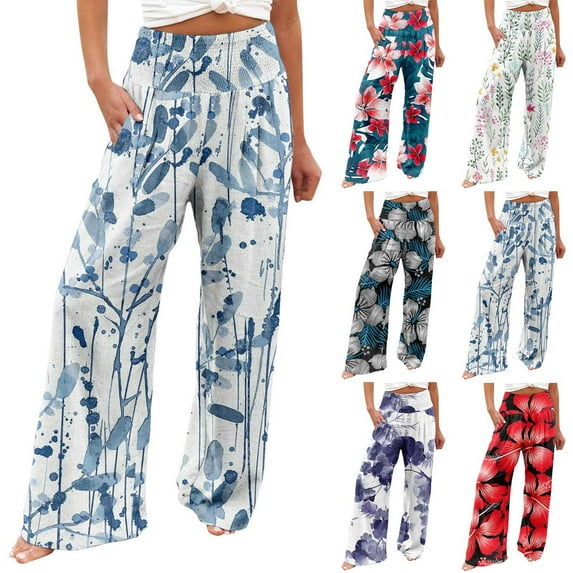 Jacenvly wide leg pants for women Extra Long Elastic Waisted Pocket Print Women's Pants Casual Printing Elastic Waist Comfortable Straight Loose Pants