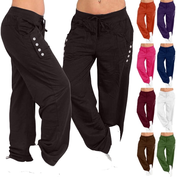 Jacenvly women's pants Clearance Extra Long Mid Waisted Drawstring Pocket Plain Trousers for Women Winter Wide Leg Yoga Sports Loose Casual Pants Trousers