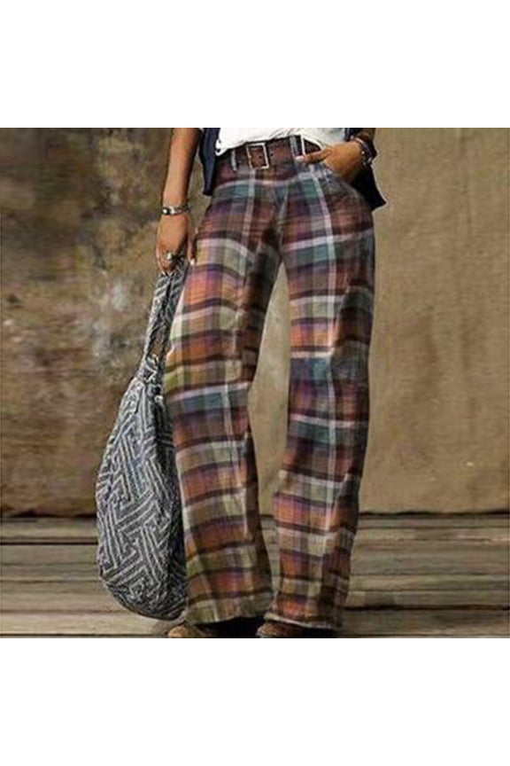 women's pants Long Mid Waisted Pocket Square Trousers for Women Casual Geometric Retro Ladies Straight Trousers