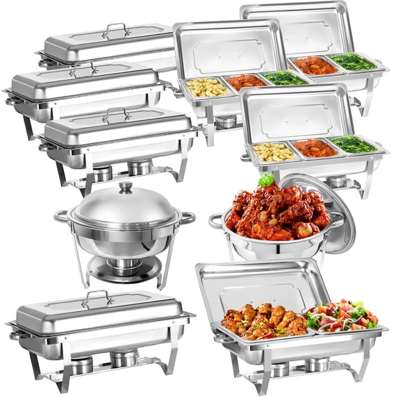 Jacgood 10 Pack Chafing Dish Rectangular 8QT 1/3 Pan×6+Round 6QT×2+Half Pan×2 Chafers Stainless Steel Catering Buffet Warmer Set for Parties,Events,Wedding,Dinner