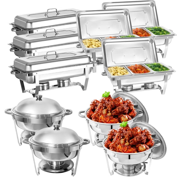 Jacgood 10 Pack Chafing Dish Rectangular 8QT 1/3 Pan×6+Round 6QT×4 Chafers Stainless Steel Catering Buffet Warmer Set for Parties,Events,Wedding,Dinner