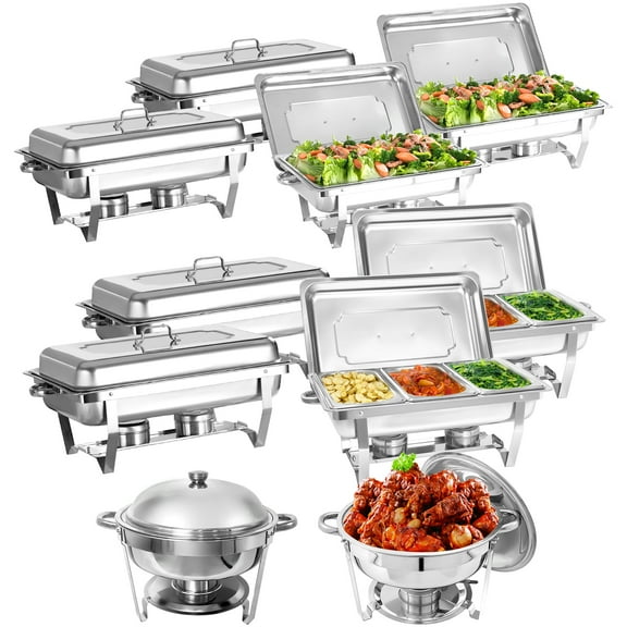 Jacgood 10 Pack Chafing Dish Rectangular 8QT Full Pan×4+1/3 Pan×4+Round 6QT×2 Chafers Stainless Steel Catering Buffet Warmer Set for Parties,Events,Wedding,Dinner