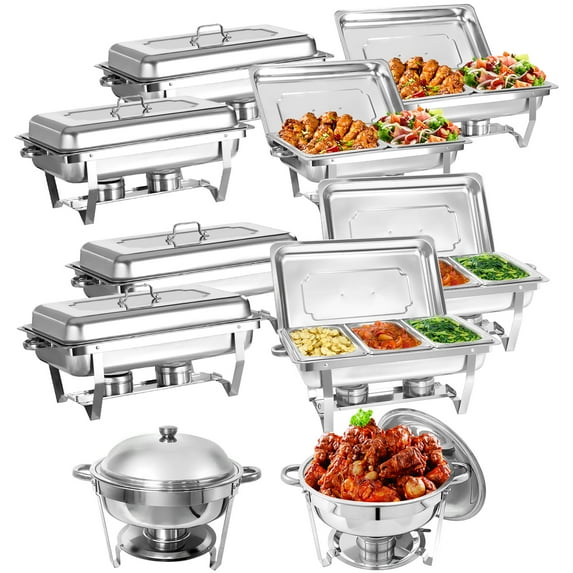 Jacgood 10 Pack Chafing Dish Rectangular 8QT Half Pan×4+1/3 Pan×4+Round 6QT×2 Pan×2 Chafers Stainless Steel Catering Buffet Warmer Set for Parties,Events,Wedding,Dinner