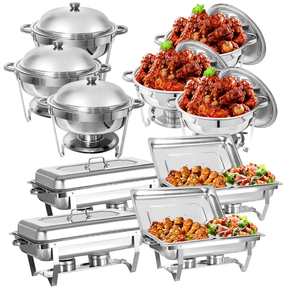 Jacgood 10 Pack Chafing Dish Round 6QT×6+Rectangular 8QT Half Pan×4 Chafers Stainless Steel Catering Buffet Warmer Set for Parties,Events,Wedding,Dinner