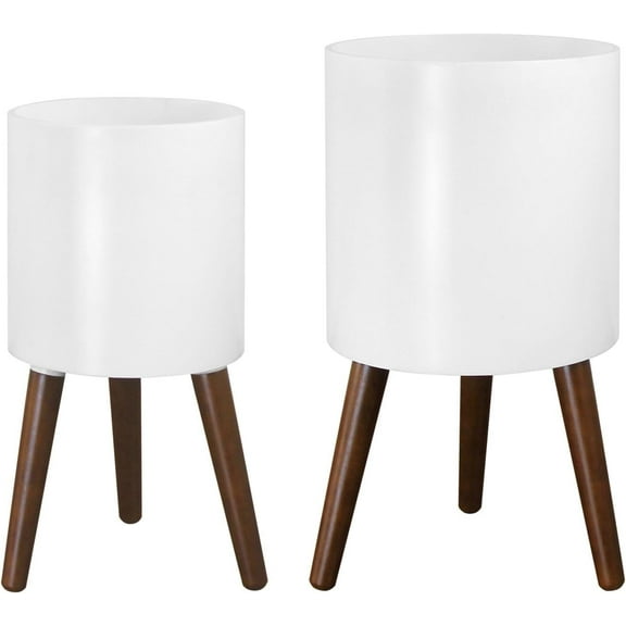 Jacgood 2 PACK 10 & 12 Inches Plant Pot with Stand, White Flower Pots, Wood Plant Stand Indoor/Outdoor for Plants, Large Size Sturdy and Stable Flower Pot for Home, Garden, Office balcony decoration