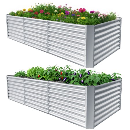 Jacgood 2 PACK 8x4x2ft Raised Garden Beds Outdoor,Galvanized Metal Planter Box for Vegetables,Flowers,Herbs, Silver Rectangle