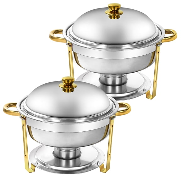 Jacgood 2 Pack Golden Round Chafing Dish Buffet Set, 6QT Round Buffet Servers and Warmers Set, Stainless Steel Catering Food Warmer with Lid & Holder for Party Home Garden Wedding