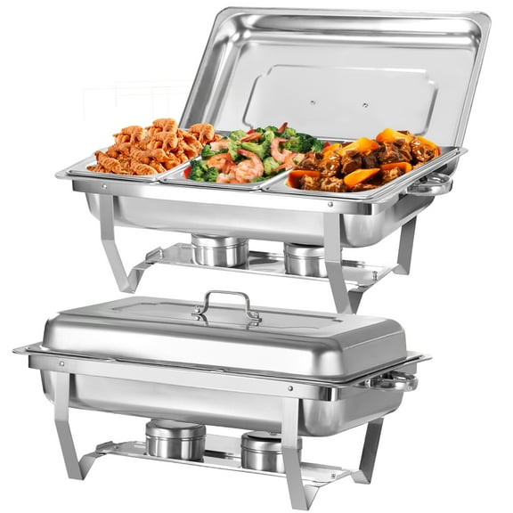 Jacgood 2 Packs Chafing Dish Buffet Set 1/3 Size Stainless Steel Foldable Rectangular Buffet Servers and Warmers Set Catering Food Warmers, 8 QT-Silver