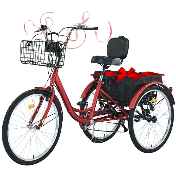 Jacgood 26-Inch 7-Speed Tricycle, 3-Wheel Adult Cruiser Bike, Low Step-Through Design with Front and Rear Baskets, Large Adjustable Seat with Backrest for Seniors, Women, and Men, Red