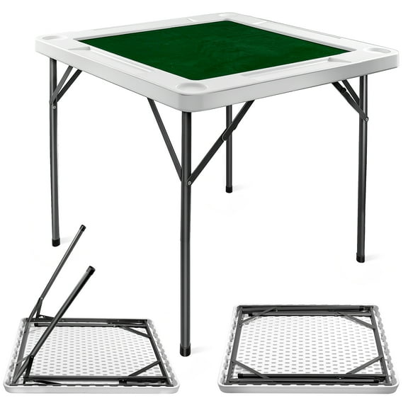 Jacgood 35.4" Folding Mahjong Table, Heavy-Duty HDPE Top with Green Felt, 4 Cup Holders & Chip Trays, Commercial Grade Portable Card Table for 4 Players
