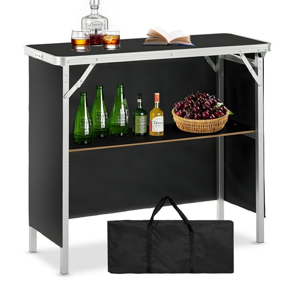 Jacgood 39 Folding Portable Bar Table, Tradeshow Podium Table for Indoor, Outdoor, Party, Picnic, Exhibition, Includes Transport Bag, Storage Rack and Dark Drape