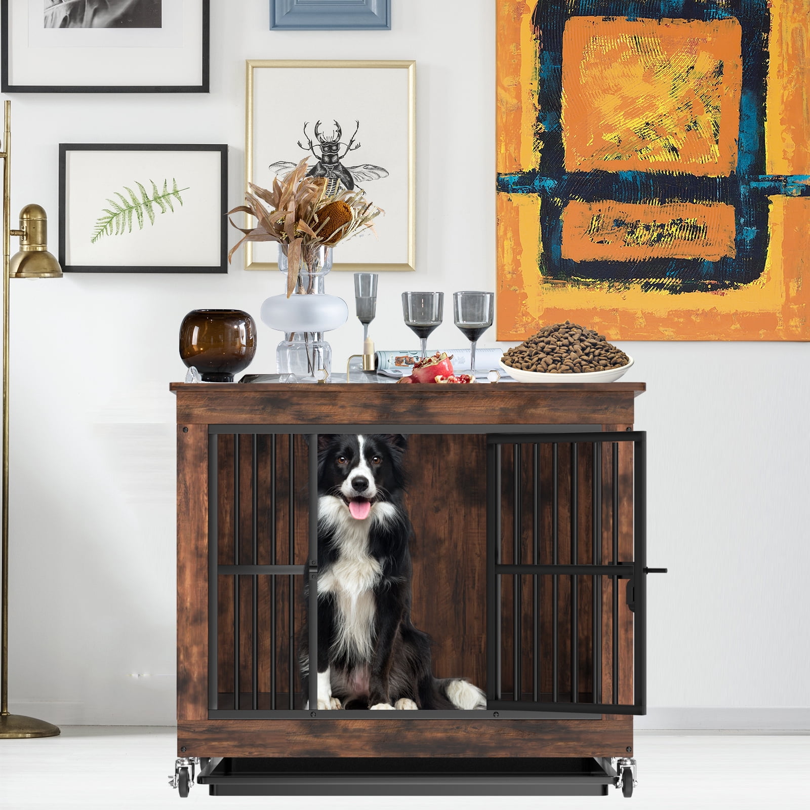 Jacgood 39 inch Dog Crate Furniture, Heavy Duty Dog Kennel End Table with Door & Removable Tray,Chew Proof 0.59" Tube Kennel Furniture with Lock,Rustic Brown
