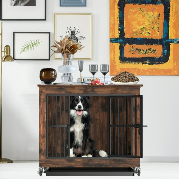 Jacgood 39 inch Dog Crate Furniture, Heavy Duty Dog Kennel End Table with Door & Removable Tray,Chew Proof 0.59" Tube Kennel Furniture with Lock,Rustic Brown