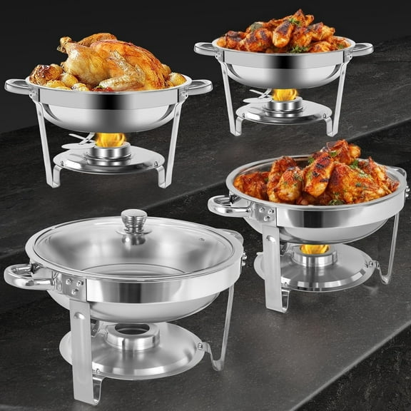 Jacgood 4-Pack Chafing Dish Buffet Set, 5QT Round Buffet Servers and Warmers Set, Stainless Steel Catering Food Warmer with Glass Lid for Weddings