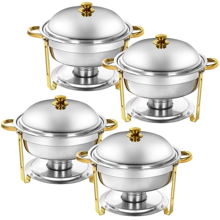 Jacgood 4 Pack Golden Round Chafing Dish Buffet Set, 6QT Round Buffet Servers and Warmers Set, Stainless Steel Catering Food Warmer with Lid & Holder for Party Home Garden Wedding