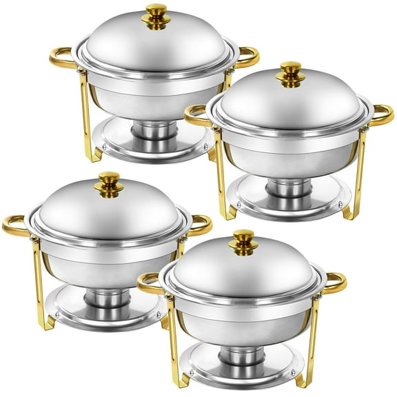 Jacgood 4 Pack Golden Round Chafing Dish Buffet Set, 6QT Round Buffet Servers and Warmers Set, Stainless Steel Catering Food Warmer with Lid & Holder for Party Home Garden Wedding