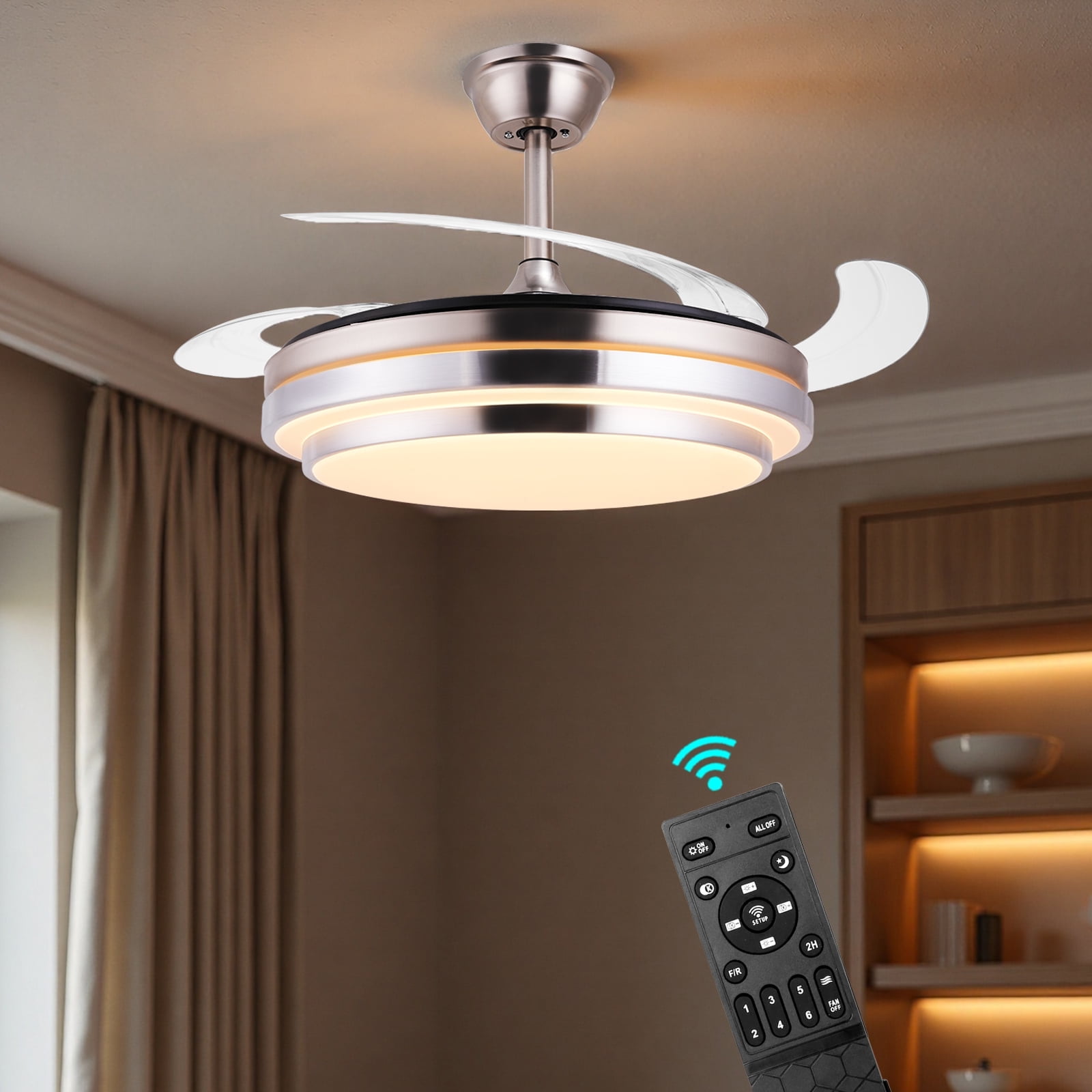 Jacgood 42in 2-in-1 Retractable Ceiling Fan with Dimmable LED Light, Brushed Nickel Fandelier, 6-Speed Quiet DC Motor & Remote Control for Bedroom/Living Room