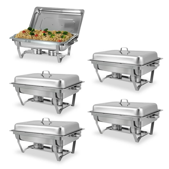 Jacgood 5 Packs Chafing Dish Buffet Set Stainless Steel Foldable Rectangular Buffet Servers and Warmers Set Catering Food Warmers, 8 QT-Silver