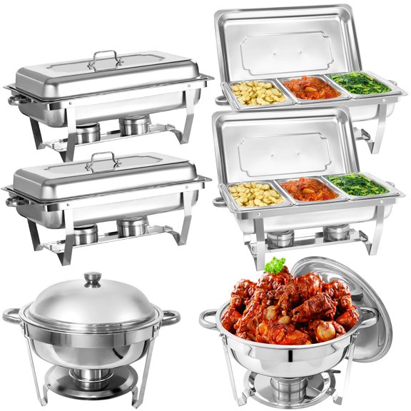 Jacgood 6 Pack Chafing Dish Round 6QT×2+Rectangular 1/3 pan×4 Chafers Stainless Steel Catering Buffet Warmer Set for Parties,Events,Wedding,Dinner
