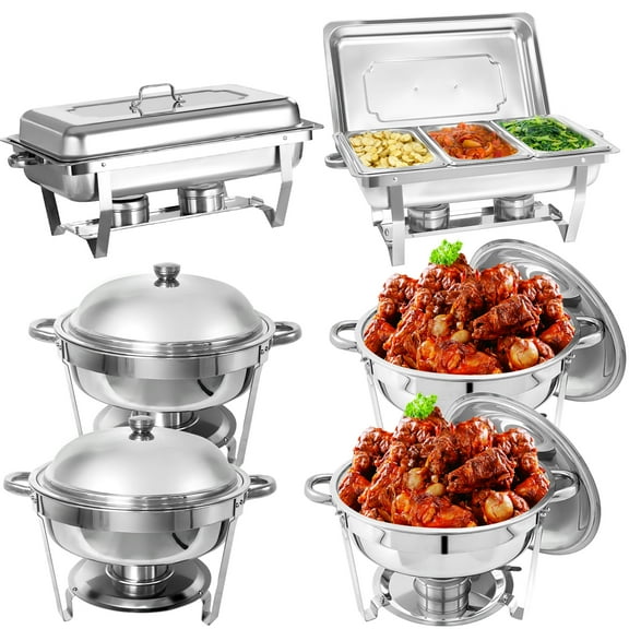 Jacgood 6 Pack Chafing Dish Round 6QT×4+Rectangular 1/3 pan×2 Chafers Stainless Steel Catering Buffet Warmer Set for Parties,Events,Wedding,Dinner