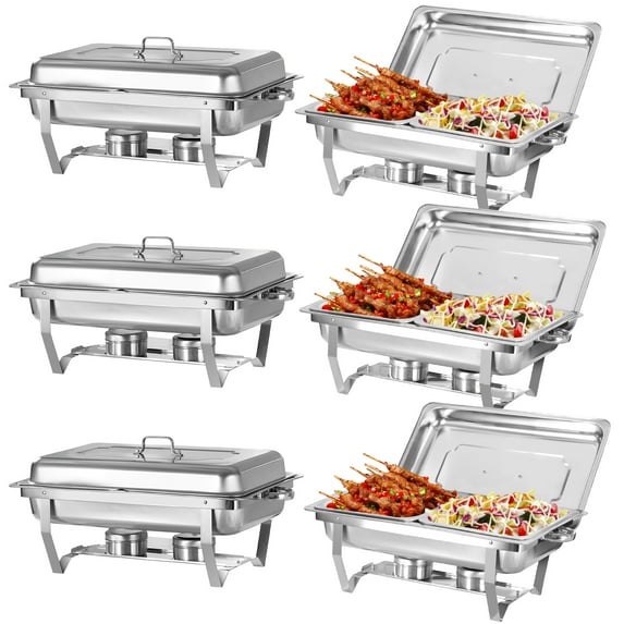 Jacgood 6 Packs Chafing Dish Buffet Set Half Size Stainless Steel Foldable Rectangular Buffet Servers and Warmers Set Catering Food Warmers, 11 QT-Silver