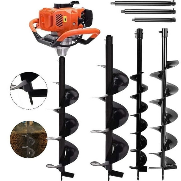 Jacgood 62CC Auger Post Hole Digger, 1.4KW Post Hole Auger Gas Powered with 4 Auger Drill Bits(4" & 6" & 8" & 12") + 3 Extension Rods (8" & 12" & 20")for Farm Garden Plant