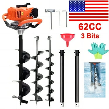Jacgood 62cc Post Hole Digger 2 Stroke Petrol Gas Powered Earth Digger with 3 Auger Drill Bits (3" 5" & 8") + 3 Extension Rods for Farm Garden Plant