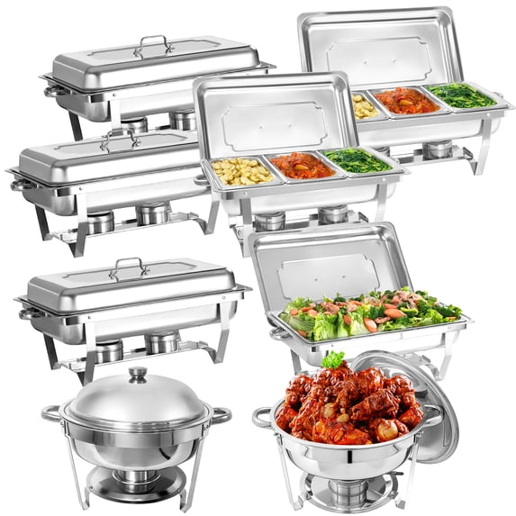 Jacgood 8 Pack Chafing Dish Rectangular 8QT 1/3 Pan×4+Full Pan×2+Round 6QT×2 Chafers Stainless Steel Catering Buffet Warmer Set for Parties,Events,Wedding,Dinner