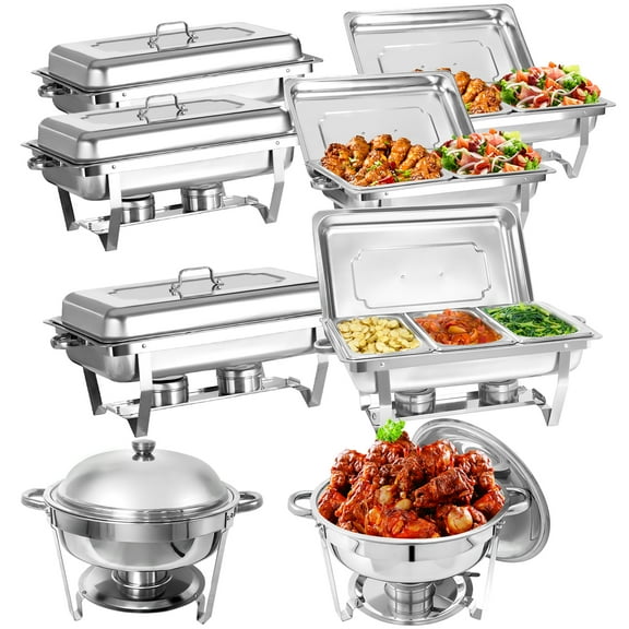 Jacgood 8 Pack Chafing Dish Rectangular 8QT Half Pan×4+1/3 Pan×2+Round 6QT×2 Chafers Stainless Steel Catering Buffet Warmer Set for Parties,Events,Wedding,Dinner