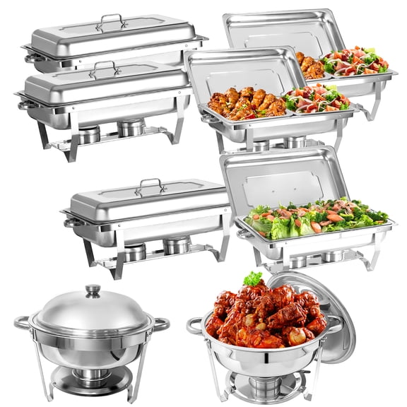 Jacgood 8 Pack Chafing Dish Rectangular 8QT Half Pan×4+Full Pan×2+Round 6QT×2 Chafers Stainless Steel Catering Buffet Warmer Set for Parties,Events,Wedding,Dinner