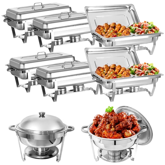 Jacgood 8 Pack Chafing Dish Rectangular Half Pan×6+Round 6QT×2 Chafers Stainless Steel Catering Buffet Warmer Set for Parties,Events,Wedding,Dinner