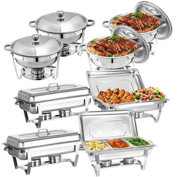 Jacgood 8 Pack Chafing Dish Round 5QT×4+Rectangular 8QT Half Pan×2+1/3 Pan×2 Chafers Stainless Steel Catering Buffet Warmer Set for Parties,Events,Wedding,Dinner