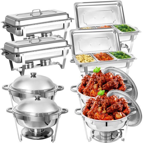 Jacgood 8 Pack Chafing Dish Round 6QT×4+Rectangular 1/3 Pan×4 Chafers Stainless Steel Catering Buffet Warmer Set for Parties,Events,Wedding,Dinner