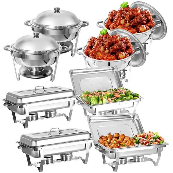 Jacgood 8 Pack Chafing Dish Round 6QT×4+Rectangular 8QT Full Pan×2+Half Pan×2 Chafers Stainless Steel Catering Buffet Warmer Set for Parties,Events,Wedding,Dinner