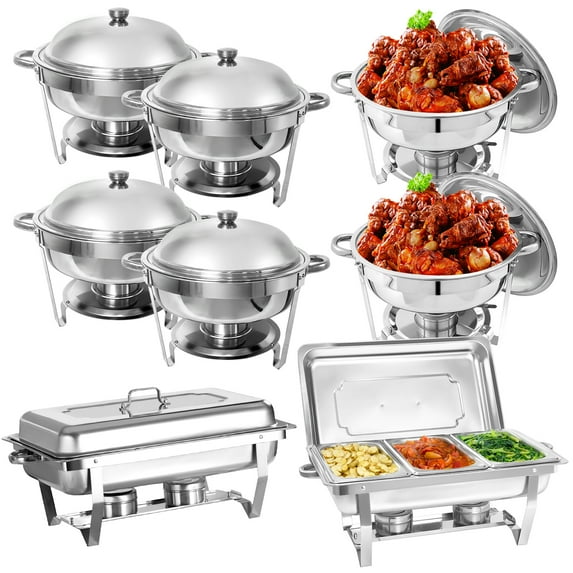 Jacgood 8 Pack Chafing Dish Round 6QT×6+Rectangular 8QT 1/3 Pan×2 Chafers Stainless Steel Catering Buffet Warmer Set for Parties,Events,Wedding,Dinner