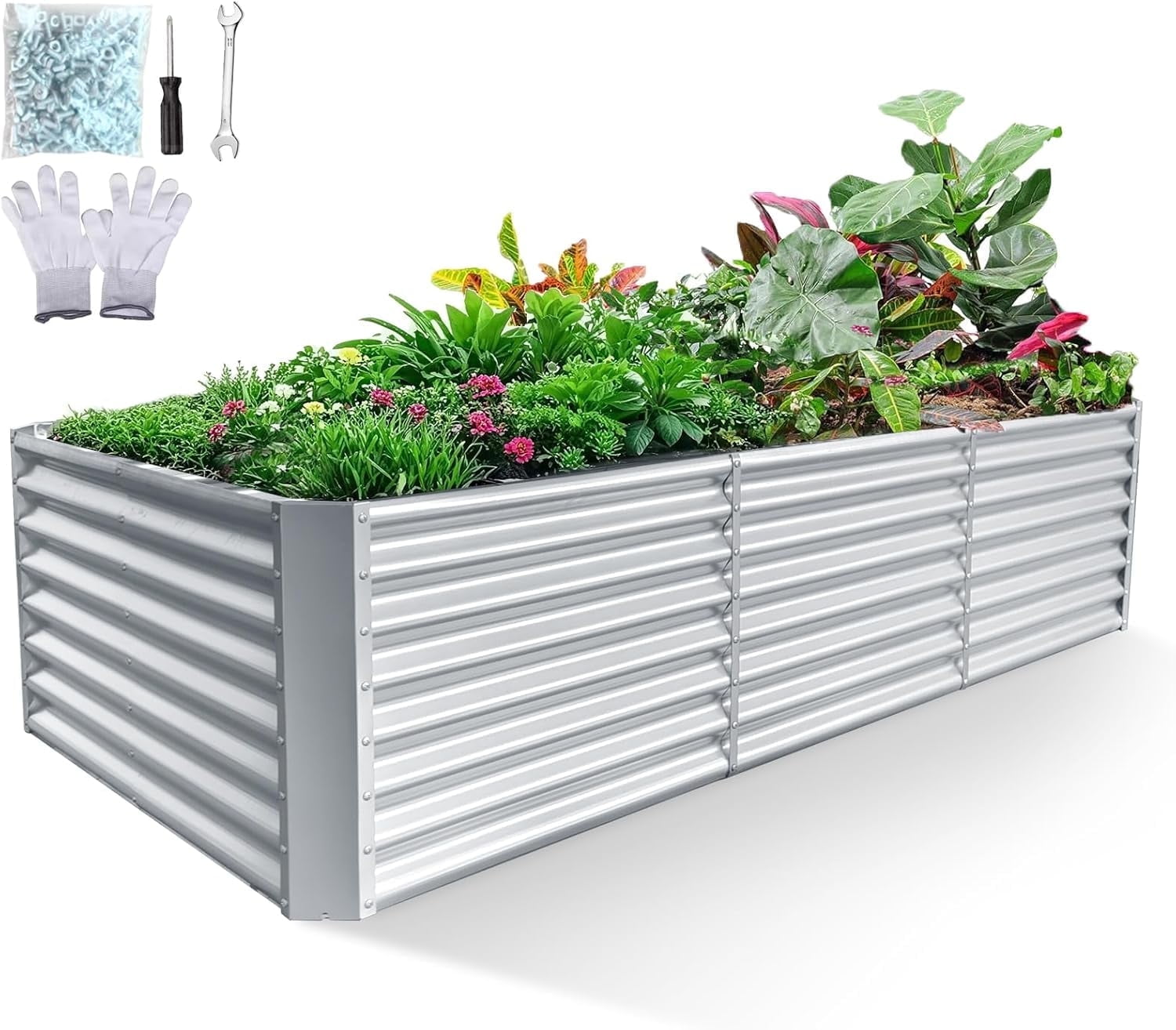 Jacgood 8x4x2ft Raised Garden Beds Outdoor，Galvanized Metal Planter Box for Vegetables,Flowers,Herbs, Silver Rectangle