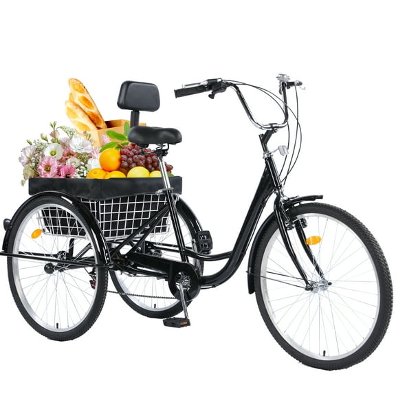 Jacgood Adult Tricycle 24" Wheels 7-Speed Trike 3 Wheels Trike with Basket and Adjustable Paddle Portable Bicycle for Adults Exercise Shopping Picnic Outdoor Activities, Black