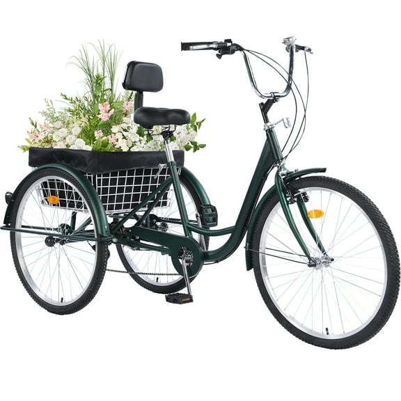 Jacgood Adult Tricycle 26" Wheels 7-Speed Trike 3 Wheels Trike with Basket and Adjustable Paddle Portable Bicycle for Adults Exercise Shopping Picnic Outdoor Activities, Green