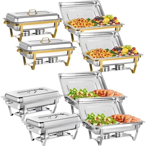 Jacgood Chafing Dish Buffet Set 8 Pack 1/2 Pan, 8QT Rectangular 4 Gold & 4 Silver Stainless Steel Chafing Dish Set, Buffet Warmer for Hotel Catering, Parties, Weddings
