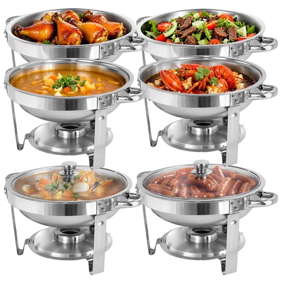 Jacgood Chafing Dishes for Buffet 6 Pack, 5QT Round Chafing Dish Buffet Set for Parties, Silver Stainless Steel Buffet Servers and Warmers with Glass Lid