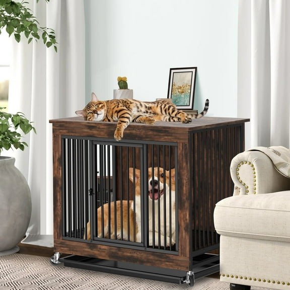 Jacgood Heavy Duty Dog Kennel Furniture - 31.5" Chew Proof End Table with Door, Lock & Easy-Clean Tray, Rustic Brown
