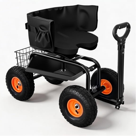 Jacgood Garden Seat with Wheels, 400lbs Rolling Garden Stool, with Height Adjustable & 360 Swivel Seat, Tool Tray & Storage Basket, Outdoor Gardening Scooter, Garden Cart Workseat for Yard, Patio