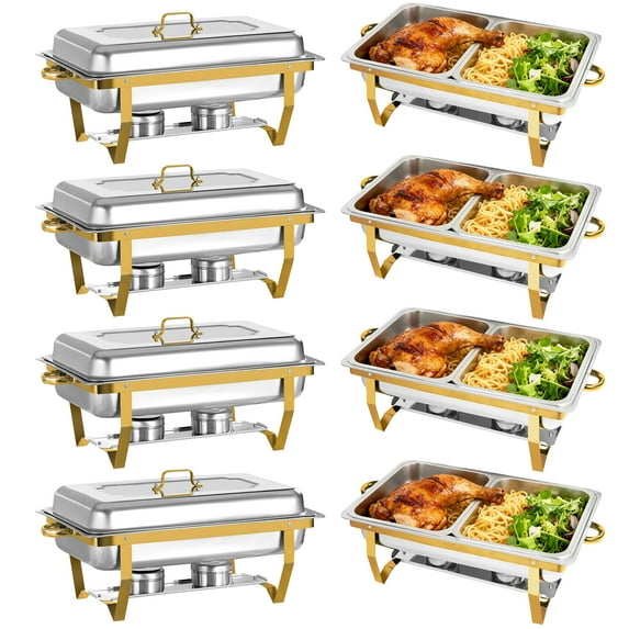 Jacgood Gold Chafing Dishes for Buffet, 8 Pack 9QT Chafing Dish Set with Lid Holder for Home Parties, Christmas Gatherings, Catering Events