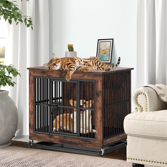 Jacgood Heavy Duty Dog Kennel Furniture - 39" Chew Proof End Table with Door, Lock & Easy-Clean Tray, Rustic Brown