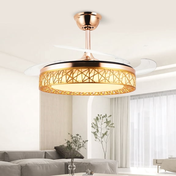 Jacgood Modern 42 Inch Invisible Ceiling Fan with LED Light Kit, Retractable Blades Gold Fandelier with Remote, 25W Reversible DC Motor 6 Speeds Quiet Ceiling Fan Lamp, Stepless Dimmable Chandelier