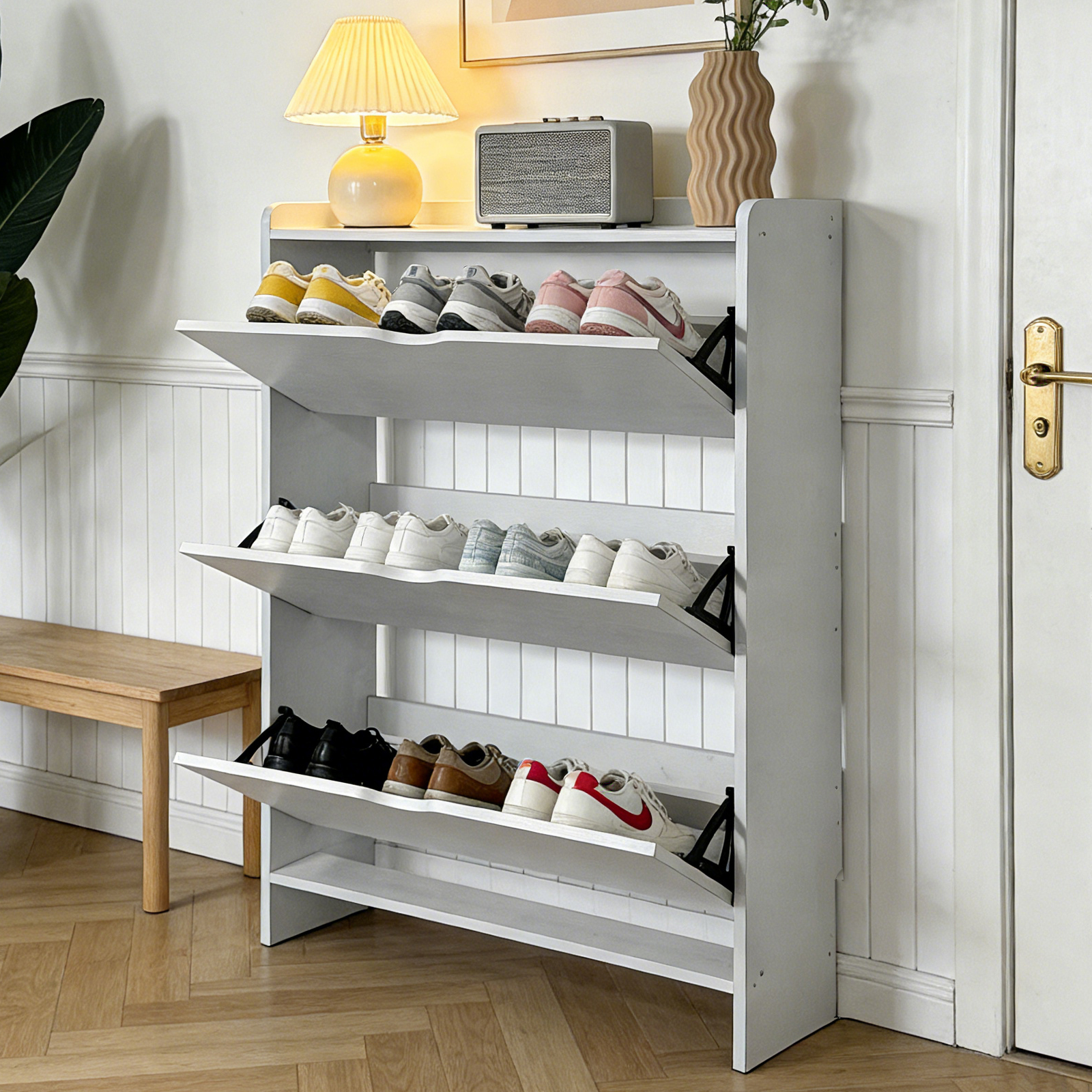 Jacgood Narrow Shoe Cabinet with 3 Flip Drawers, MDF Freestanding ...